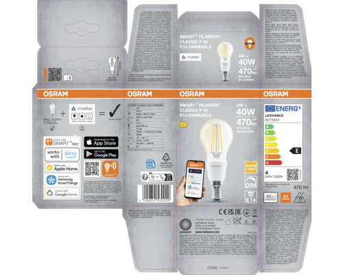 Förpackning för en Osram Smart+ Filament Classic P 40 E14 dimbar lampa