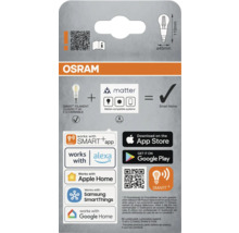 Osram Smart+ Filament Classic P 40 E14 dimbar lampa förpackningsdesign med Matter-kompatibla system, Smart Home-logotyper och App Store nedladdningssymboler