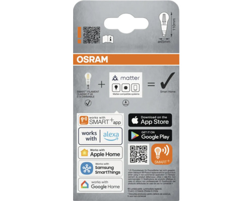 Osram Smart+ Filament Classic P 40 E14 dimbar lampa förpackningsdesign med Matter-kompatibla system, Smart Home-logotyper och App Store nedladdningssymboler
