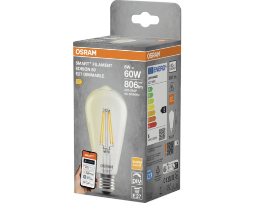 Osram Smart+ Filament Edison 60 E27-lampa i produktförpackning