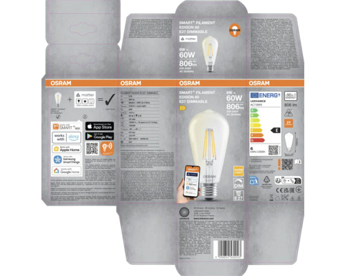 Förpackning för en Osram Smart Filament Edison 60 E27 dimbar lampa