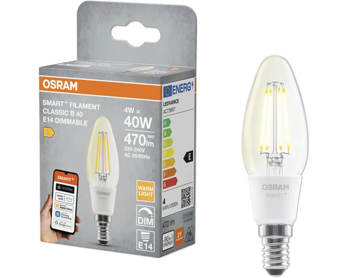 Osram Smart Plus Filament Classic B 40 E14 dimbar LED-lampa i förpackning och utan förpackning