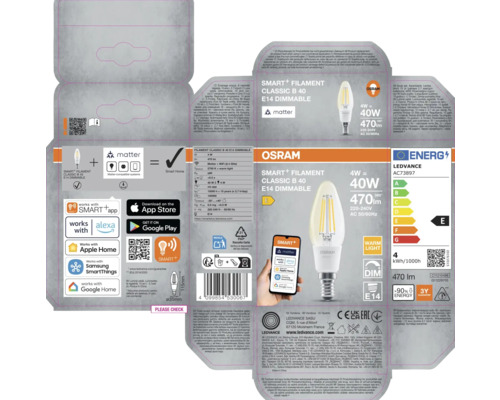 Osram Smart+ Filament Classic B 40 E14 dimbar förpackning