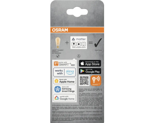 Osram Smart+ Filament Edison 53 E27 Dimbar förpackning med Matter-kompatibilitet, Smart+-appstöd, Alexa-kompatibilitet, Apple Home-kompatibilitet, Samsung SmartThings-kompatibilitet och Google Home-kompatibilitet