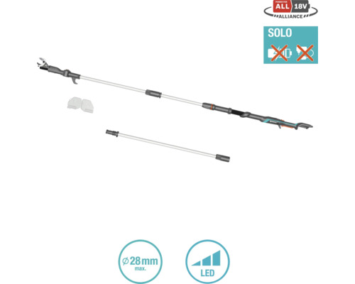 Gardena grensågstillsats med Power for All 18V Alliance-logotyp, Solo-symbol, LED-symbol och maximal diameter på 28 mm