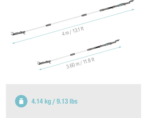 Trädgårdsredskap med teleskopskaft, längd 4 meter och 3,60 meter