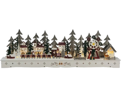 Julby KONSTSMIDE 15 varmvita LED trä 25cm inkl. 6H timer batteridriven Dekorativt jullandskap i trä med hus, träd, tåg och pariserhjul