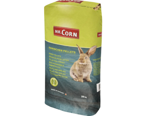 Säck kaninfoder med en bild av en kanin och Mr. Corn-logotypen, 25 kilogram