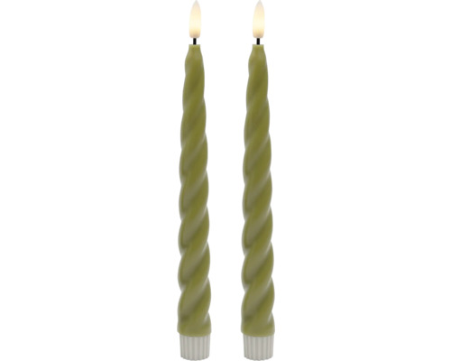 LED-ljus LAFIORA Swirl 2-pack 24,5cm 6h timer oliv Två vridna ljus med LED-låga