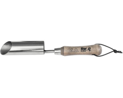 Planteringspinne av metall med trähandtag och for_q logotyp