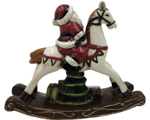 Juldekoration: Jultomten på en gunghäst med julgran och presenter.