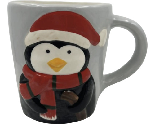 Grå mugg med pingvin, mössa och halsduk