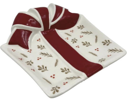 Dekorativ skål i form av en present med rosett och julmönster