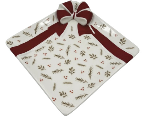 Fyrkantig porslinstallrik med presentbands- och rosettmotiv