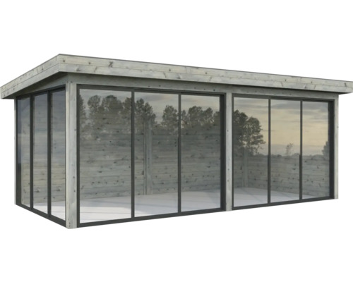 Paviljong PALMAKO Lenna Slide 16,6m² set 402 588x300cm doppimpregnerad grå Modern trädgårdshus med skjutdörrar i glas och träpanel