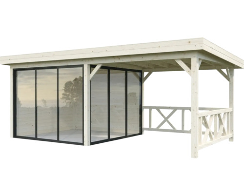 Trädgårdspaviljong i trä med glasskjutdörrar