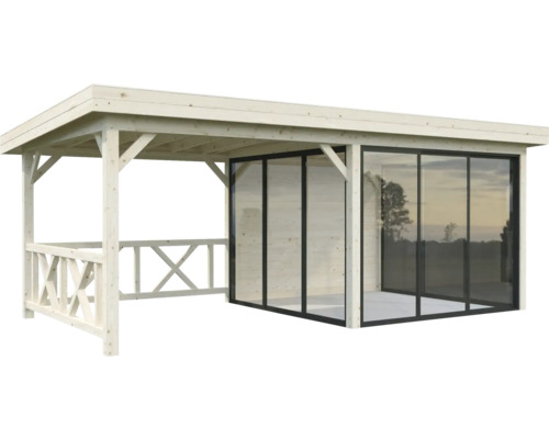 Trädgårdspaviljong i trä med skjutdörrar