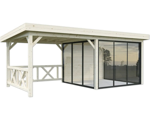 Träpaviljong med glasväggar för trädgården