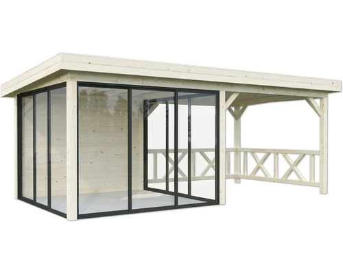 Trädgårdshus i trä med glasskjutdörrar och täckt område