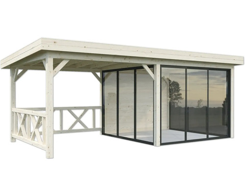 Trädgårdspaviljong i trä med glasväggar