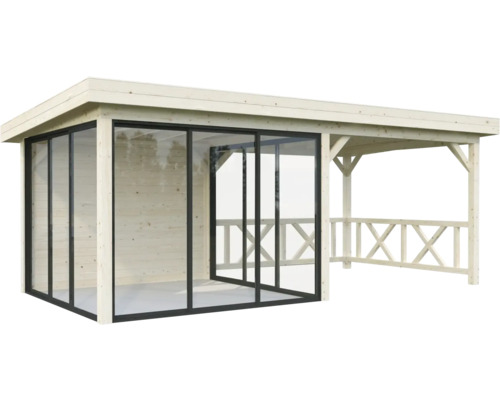 Trädgårdshus i trä med glasdörrar och täckt terrass