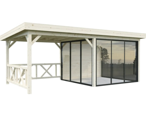 Trädgårdspaviljong i trä med skjutbara glasväggar