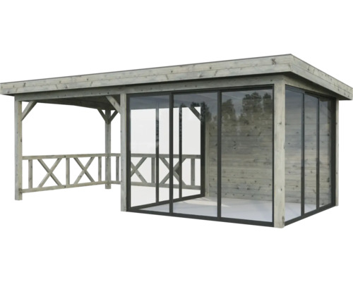 Paviljong PALMAKO Lenna Slide 16,6m² set 404 588x300cm doppimpregnerad grå Träpaviljong med glasskjutdörrar och räcke