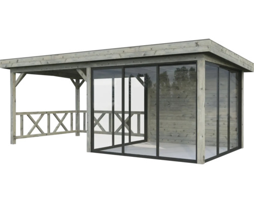 Paviljong PALMAKO Lenna Slide+ 16,6m² set 704 588x300cm doppimpregnerad grå Trädgårdspaviljong i trä med skjutbara glasdörrar