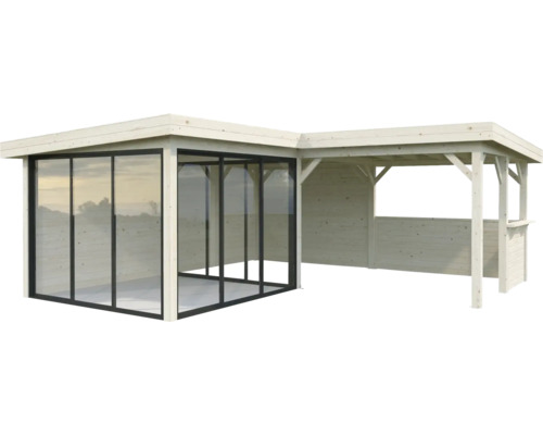 Trädgårdshus med glasfront och öppen tillbyggnad av trä