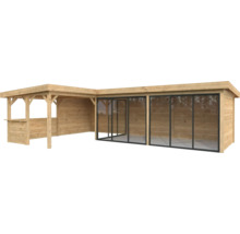 Träpaviljong med glasskjutdörrar och bardisk för trädgården