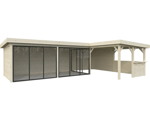 Trädgårdshus i trä med glasskjutdörrar och integrerad paviljong