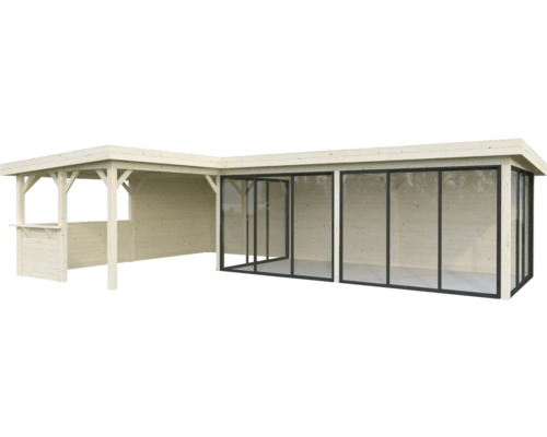 Träpaviljong med bar och glasskjutdörrar