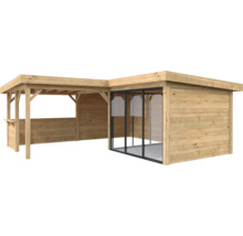 Träpaviljong med glasfront
