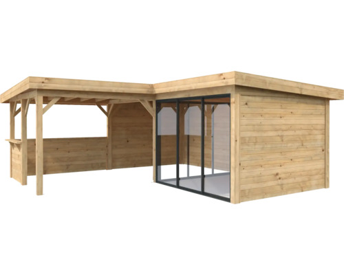 Träpaviljong med glasfront