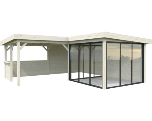 Trädgårdspaviljong i trä med glasvägg