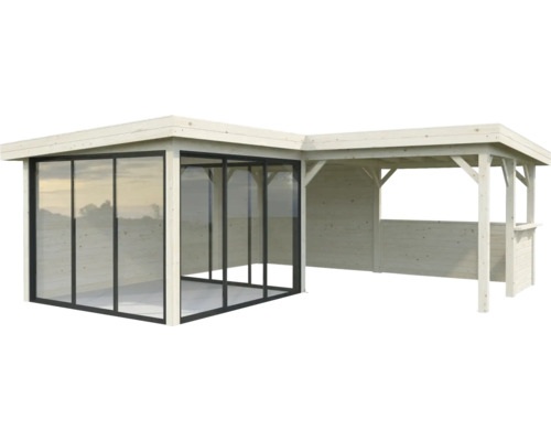 Trädgårdspaviljong i trä med glasfront och öppen annex