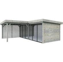 Träcarport med förråd och lamellvägg