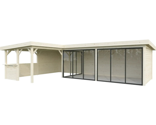 Trädgårdshus i trä med glasfasad och angränsande täckt område