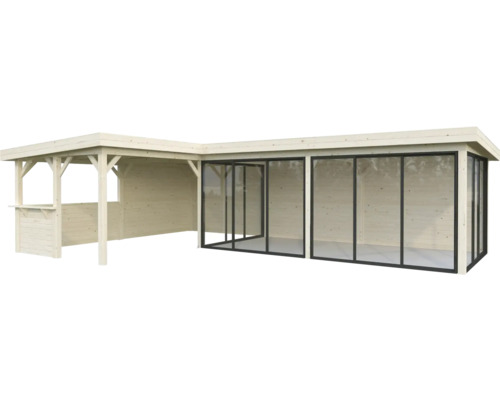 Trädgårdshus i trä med glasskjutdörrar och takförsedd yta