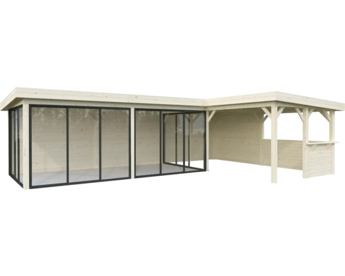 Trädgårdshus i trä med glasfront och täckt område