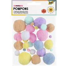 Förpackning med 30 stycken pyssel-pomponer i olika pastellfärger med en diameter på 1 till 4 cm