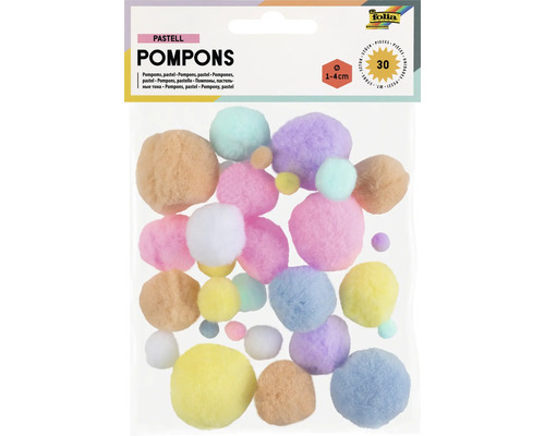 Förpackning med 30 stycken pyssel-pomponer i olika pastellfärger med en diameter på 1 till 4 cm
