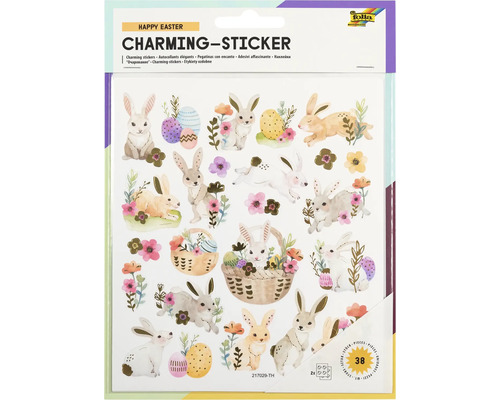 Påskdekaler med motiv som kaniner, blommor och påsk