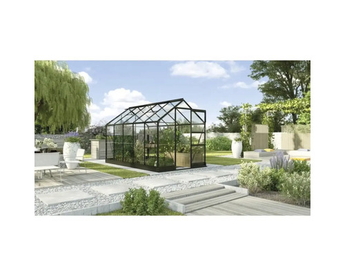 Växthus med växter i en trädgård.