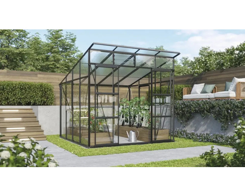 Växthus VITAVIA Freya 7600 3mm härdat glas/6mm polykarbonattak 258x292cm 7,6m² svart Växthus med växter på en gräsmatta