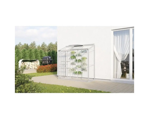 Trädgårdsscen med lutande växthus planterat mot husväggen