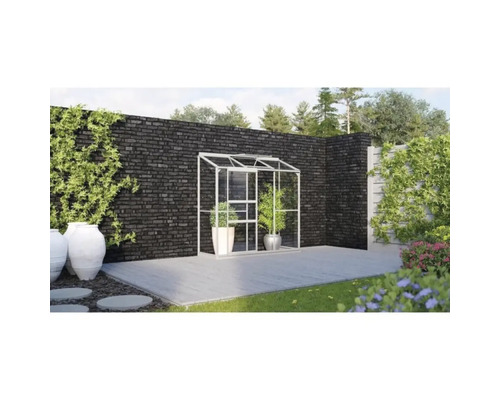 Växthus VITAVIA Ida 1300 3mm delat glas 193x69cm 1,3m² aluminium inkl. sockel Växthus i glas och metall med växter i krukor mot en tegelvägg