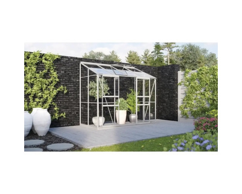 Växthus VITAVIA Ida 3300 3mm delat glas 255x132cm 3,3m² aluminium inkl. sockel Växthus med växter i krukor i trädgården