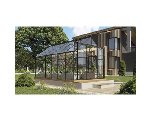 Växthus VITAVIA Mars 9900 3mm delat glas 383x257cm 9,9m² svart inkl. sockel Växthus med växter i trädgården