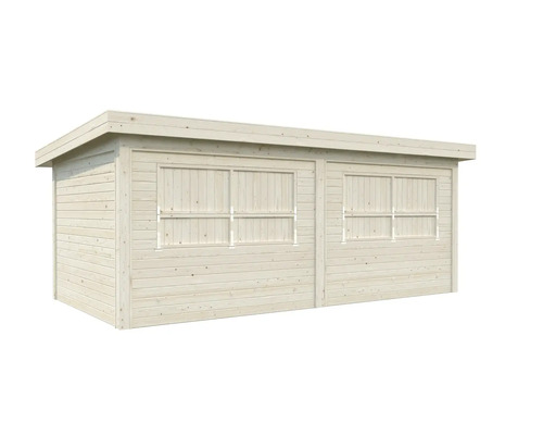 Trädgårdshus i trä med platt tak och fönster